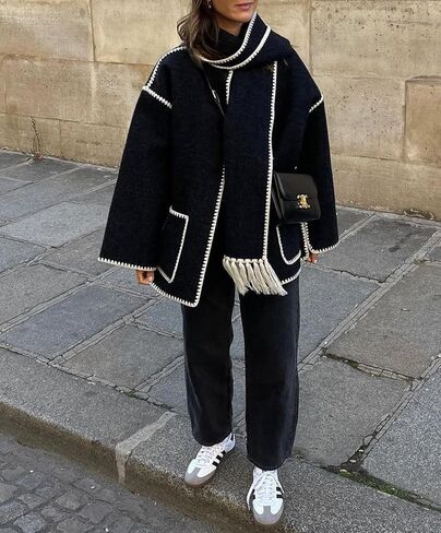 Womens Oversized Wool Blend Jacket With Scarf Button Down Shacket Overcoat Wool Coats with Pockets(-Black-L) in Kuwait