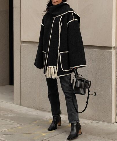 Womens Oversized Wool Blend Jacket With Scarf Button Down Shacket Overcoat Wool Coats with Pockets(-Black-L) in Kuwait