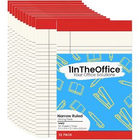 1InTheOffice Note Pads 5x8, Narrow Ruled Note Pad, 50 Sheets/Pad, 12 Pack