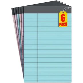 1InTheOffice Note Pads 5x8, Jr Legal Pads, Small Legal Pads 5x8 Colored, Pastel, Narrow Ruled, Perforated, 50 Sheets/Pad, 6 Pack