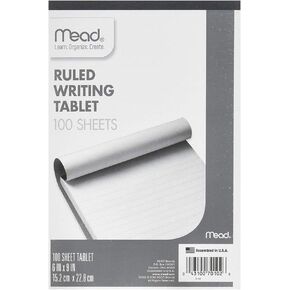 Mead : Writing Tablet,Top-bound,Ruled,20 lb.,6"x9",100 Sh,White -:- Sold as 2 Packs of - 1 - / - Total of 2 Each