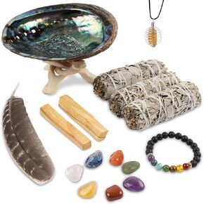 Sage Smudge Kit - 3 White Sage Sticks, 2 Palo Santo Sticks, Abalone Shell, Stand, Smudging Feather, 7 Chakra Stones & Crystal Bracelet ~ Sage Incense Sticks for Cleansing House & Meditation