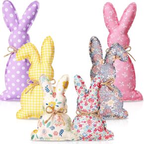 6 Pcs Rustic Easter Bunny Decor Farmhouse Stuffed Fabric Bunny Ornament Polka Dot Grid Easter Basket Bowl Fillers for Tiered Tray Desk Table Top Wedding Home Easter Centerpiece Decoration (Floral)