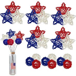 24 Pcs 4th of July Star Rattan Decoration, Red Blue White Stars for 4th of July Independence Day Home Decor DIY Craft Vase Bowl Filler Table Decoration