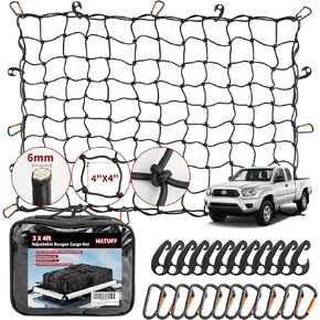 Extra Thick 6mm Latex core Cargo net for Pickup Truck Bed & SUV, 3'x 4' Heavy Duty Universal car Organizer net Stretches to 6'x 8' Small 4"x4" mesh Bungee net, w 12 Metal carabiners & 12 Hooks
