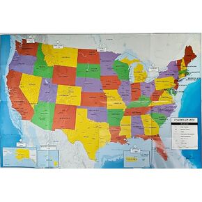 United States USA Wall Map 39.4" x 27.5" State Capitals Cities State & International Boundaries Major Rivers Lakes Timeline