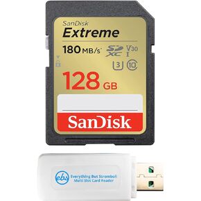 SanDisk Extreme 128GB SD Memory Card Works with Sony Alpha a7C, a6600, a6100, a6400 Mirrorless Camera (SDSDXVA-128G-GNCIN) U3 SDXC UHS-I Bundle with (1) Everything But Stromboli Micro & SD Card Reader