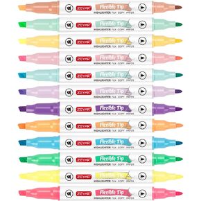 ZEYAR Flexible Tip Highlighter, Dual Tips Marker Pen, Chisel and Fine Tips, Flexible Tip and Soft Touch, Water Based, Assorted Colors, Quick Dry (12 Colors)