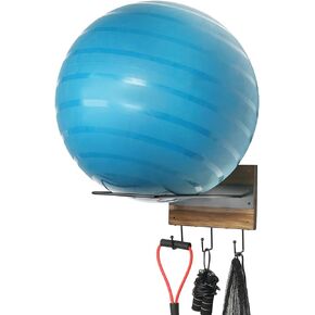 MyGift Rustic Wood and Matte Black Metal Wall Mounted Exercise Ball Organizer Rack with 3 Bottom Storage Hooks, Gym Medicine Ball Equipment Holder