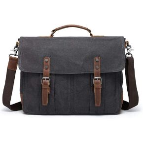 Mens Briefcases Messenger Bag Vintage Leather Waxed Canvas Waterproof Shoulder Bag for 15.6 Inch Laptop Bag Extra Large Capacity Attache Case Dark Grey