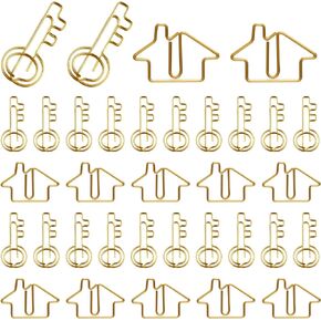 Gueevin 102 Pack Clips Office Supplies 50 Pcs House Shaped Paper Clips 50 Pcs Key Shaped Wire Paper Clip with 2 Pcs Clear Storage Box for Agent Office Home Classroom Desk Accessories Gift(Gold)
