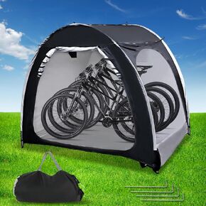 أغطية الدراجة خيمة سقيفة للتخزين لـ 4 دراجات، سقيفة تخزين للدراجات النارية بأبواب مزدوجة في الهواء الطلق، قماش أكسفورد 210D مقاوم للماء PU4000 مع حقيبة سفر 82.7 × 59 × 65 بوصة (أسود) in Kuwait
