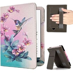 KEROM 6.8" Kindle Paperwhite Case 11th Generation 2021 Release and Signature Edition, Premium PU Leather Stand Cover Case with Hand Strap, Card Slot, and Auto Sleep/Wake - Cute Blue Flowers