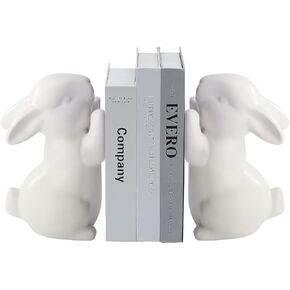 BestAlice 2 Pcs Rabbit Bookends, Bunny Book Ends for Shelves, Ceramic Animal Figurine Book Ends Stands Shelves Organizer, Heavy Duty Bookends to Hold Books, White Rabbit Home Decor