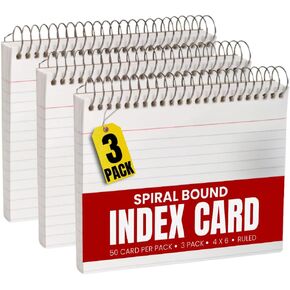 1InTheOffice Spiral Bound Index Cards 4x6 Ruled, White, 50 Cards/Pack, 3 Packs