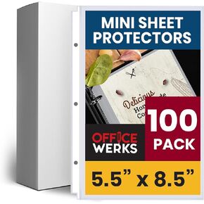 Office Werks 100 Pack of Heavyweight Clear Mini Sheet Protectors, 5.5" x 8.5", Top Load, Reinforced Holes, Acid-Free/Archival Safe, Plastic Sleeves for Binders Documents