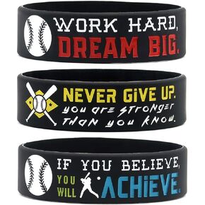 (6-Pack) Motivational Baseball Wristbands with Sports Quotes - Baseball Gifts, Jewelry Accessories for Baseball Players, Team Awards and Party Favors - Unisex for Men Women Youth Teen Girls Boys