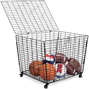 BirdRock Home Sports Ball Basket Organizer with Wheels - Heavy Duty Casters - Lid - Sports Lockable Ball Storage Locker - Ball Cage for Garage Storage Garage Organizer
