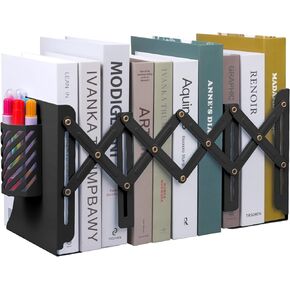 MSDADA Adjustable Bookends, Book Ends for Heavy Books, Expandable Book Organizer with Pen Holder for Desk, Shelf, Office, for 6 7 8 9-15 Boys and Girls, Extends up to 19 inches (Black)