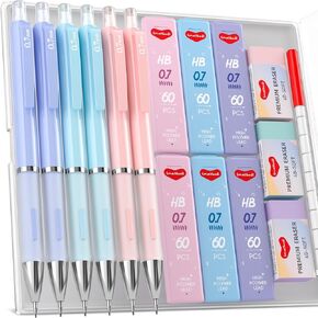 6PCS 0.7mm Mechanical Pencils Set Pastel Mechanical Pencils with 360PCS HB Lead Refills, 3 Erasers, 9 Erasers Refill Aesthetic School Supplies for Writing, Drafting, Sketching - with Case