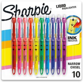 Sharpie Liquid Highlighter, Chisel Tip Highlighters, Journaling Supplies, Study Supplies, Assorted Colored Highlighters, 10 Count