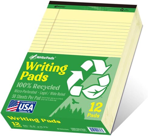 وسادات KAISA القانونية مقاس 8.5x11 بوصة، وسادات كتابة عريضة، دفاتر ملاحظات ورقية معاد تدويرها 8.5x11 وسادات قانونية، صفراء 50 ورقة 12 وسادة، REC-MCY50W in Kuwait