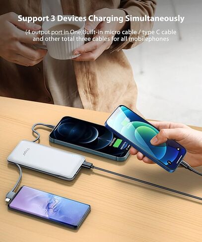 TG90° Portable Charger with Built in Cable, 10000mah Power Bank Type C USB C Cell Phone Thin Slim Lightweight Travel Tiny Charger Backup Battery Pack Compatible with Smartphones and All USB-C Devices in Kuwait