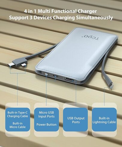 TG90° Portable Charger with Built in Cable, 10000mah Power Bank Type C USB C Cell Phone Thin Slim Lightweight Travel Tiny Charger Backup Battery Pack Compatible with Smartphones and All USB-C Devices in Kuwait