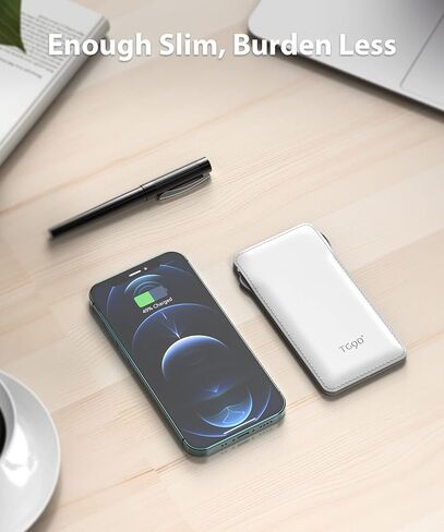 TG90° Portable Charger with Built in Cable, 10000mah Power Bank Type C USB C Cell Phone Thin Slim Lightweight Travel Tiny Charger Backup Battery Pack Compatible with Smartphones and All USB-C Devices in Kuwait