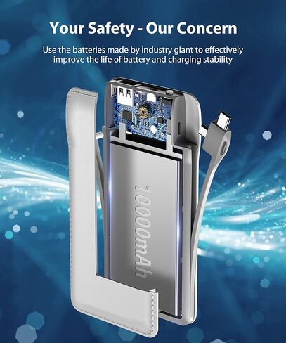 TG90° Portable Charger with Built in Cable, 10000mah Power Bank Type C USB C Cell Phone Thin Slim Lightweight Travel Tiny Charger Backup Battery Pack Compatible with Smartphones and All USB-C Devices in Kuwait