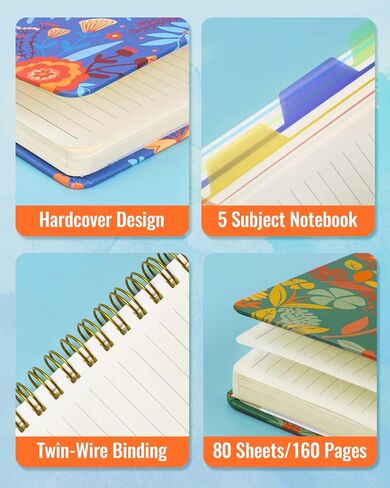 Spiral Notebooks 5 Subject 5-Pack College Ruled Hardcover with Removable Dividers 160 Pages/80 Sheets Each, A5(8.5 "x 5.7") Cute Blooming Floral, for Students Office Business Diary Book in Kuwait