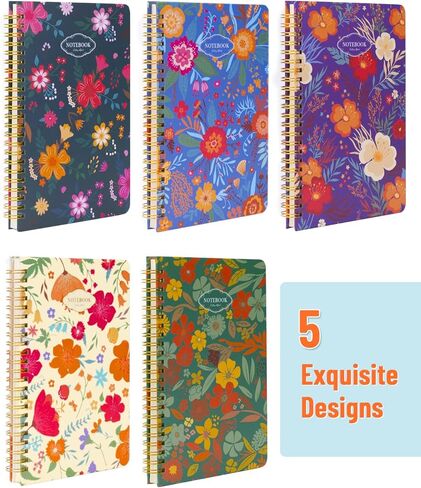 Spiral Notebooks 5 Subject 5-Pack College Ruled Hardcover with Removable Dividers 160 Pages/80 Sheets Each, A5(8.5 "x 5.7") Cute Blooming Floral, for Students Office Business Diary Book in Kuwait