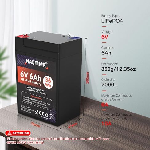 NASTIMA 6V 6Ah LiFePO4 Battery, 2000+ Cycles Rechargeable Lithium Iron Phosphate Battery Pack with BMS for Emergency Light, Lantern, Kids Ride On Car, Deer Game Feeder in Saudi Arabia