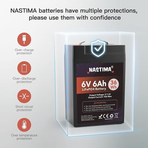 NASTIMA 6V 6Ah LiFePO4 Battery, 2000+ Cycles Rechargeable Lithium Iron Phosphate Battery Pack with BMS for Emergency Light, Lantern, Kids Ride On Car, Deer Game Feeder in Saudi Arabia