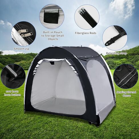 أغطية الدراجة خيمة سقيفة للتخزين لـ 4 دراجات، سقيفة تخزين للدراجات النارية بأبواب مزدوجة في الهواء الطلق، قماش أكسفورد 210D مقاوم للماء PU4000 مع حقيبة سفر 82.7 × 59 × 65 بوصة (أسود) in Kuwait