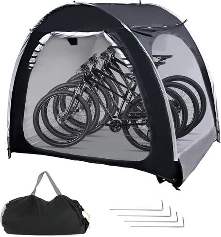 أغطية الدراجة خيمة سقيفة للتخزين لـ 4 دراجات، سقيفة تخزين للدراجات النارية بأبواب مزدوجة في الهواء الطلق، قماش أكسفورد 210D مقاوم للماء PU4000 مع حقيبة سفر 82.7 × 59 × 65 بوصة (أسود) in Kuwait