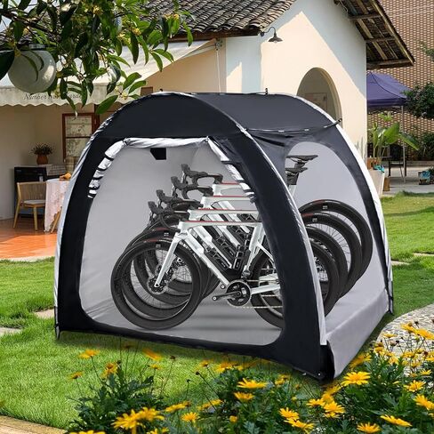 أغطية الدراجة خيمة سقيفة للتخزين لـ 4 دراجات، سقيفة تخزين للدراجات النارية بأبواب مزدوجة في الهواء الطلق، قماش أكسفورد 210D مقاوم للماء PU4000 مع حقيبة سفر 82.7 × 59 × 65 بوصة (أسود) in Kuwait