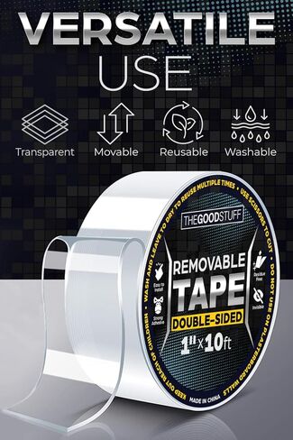 شريط مزدوج الجوانب عالي التحمل [1 × 10 قدم] شريط نانو شفاف للتركيب - شريط تثبيت على الوجهين قابل لإعادة الاستخدام - تحذير هذا الشريط قوي - ليس للجدران المطلية in Kuwait