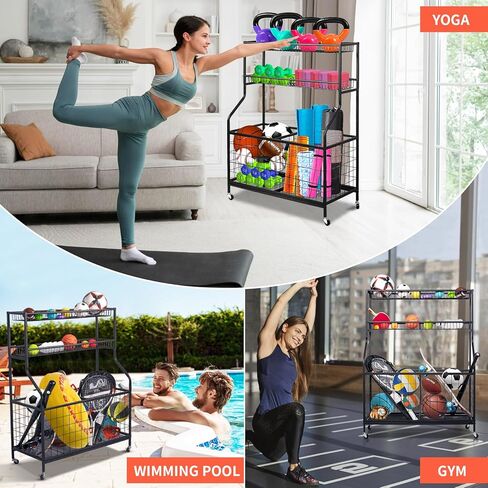 منظم المعدات الرياضية لجراج أودوداينزي، تخزين الكرات الرياضية، حامل الكرة مع سلتين طويلتين، عربتي كرات و4 خطافات، رفوف تخزين بساط اليوجا، عربة كرة دوارة لمعدات الرياضة واللياقة البدنية in Kuwait