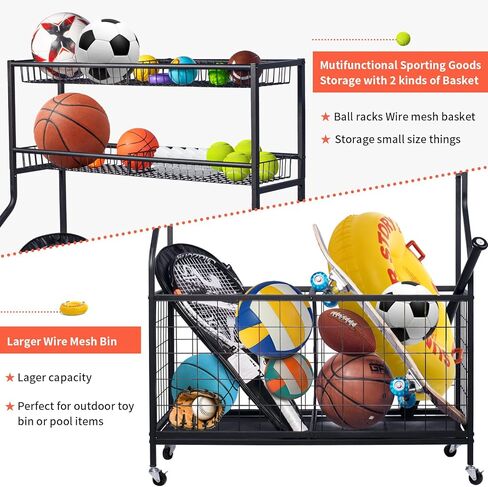 منظم المعدات الرياضية لجراج أودوداينزي، تخزين الكرات الرياضية، حامل الكرة مع سلتين طويلتين، عربتي كرات و4 خطافات، رفوف تخزين بساط اليوجا، عربة كرة دوارة لمعدات الرياضة واللياقة البدنية in Kuwait