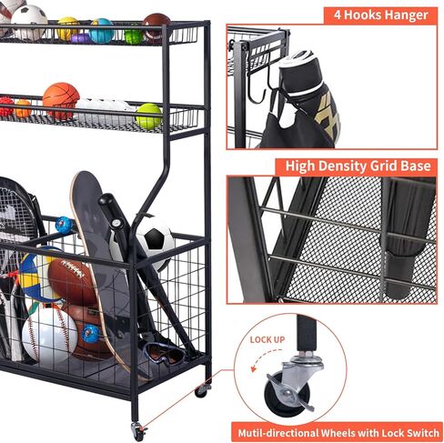 منظم المعدات الرياضية لجراج أودوداينزي، تخزين الكرات الرياضية، حامل الكرة مع سلتين طويلتين، عربتي كرات و4 خطافات، رفوف تخزين بساط اليوجا، عربة كرة دوارة لمعدات الرياضة واللياقة البدنية in Kuwait