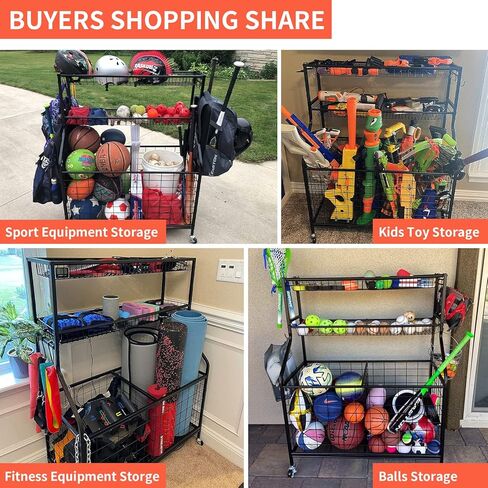 منظم المعدات الرياضية لجراج أودوداينزي، تخزين الكرات الرياضية، حامل الكرة مع سلتين طويلتين، عربتي كرات و4 خطافات، رفوف تخزين بساط اليوجا، عربة كرة دوارة لمعدات الرياضة واللياقة البدنية in Kuwait