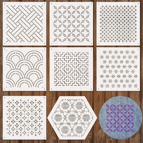 yousoontic 8 pcs 4.7 × 4.7 بوصة ساشيكو stencil stencil Kit kit extrice sashiko template line temproidery temproidery for kilting kyilting revrofery ، shick 2.5mm (التقليدية)