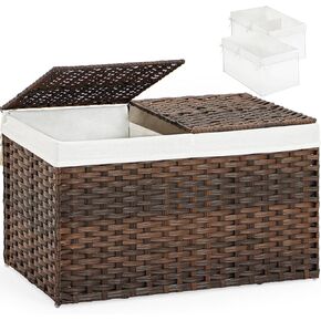 Storage Basket with Lid Wicker Baskets for Storage with 2 Separate Lid 42.3 Gallon (160 L) Rattan Storage Basket with 2 Liners and Handles Woven Storage Basket for Bedroom Laundry Natural
