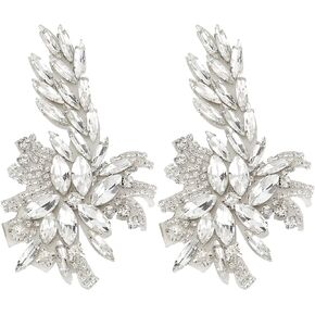 FINGERINSPIRE 2PCS Flower Crystal Applique Patch (Platinum, 3.9x2.2 inch) Flower Leaf Glass Rhinestones Applique Sew on Patch, Wedding Bridal Belt Applique DIY Embellishments for Costumes, Shoes