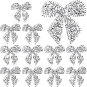 12 Pieces Bow Knot Rhinestone Patches Sparkling Crystal Bow Appliques Iron Sew on Patches Appliques for Jeans Jackets Bags Backpacks Hats Shoes Clothes Decorations Crafts(Silver)
