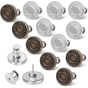 12 Sets Jean Buttons Pins , No Sew Loose Pants Button Tightener, Ceryvop Adjustable Buttons for Jeans Too Big Snap Tack