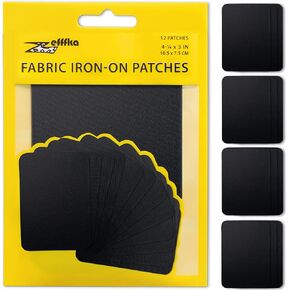 ZEFFFKA Premium Quality Fabric Iron-on Patches Inside & Outside Strongest Glue 100% Cotton Black Repair Decorating Kit 12 Pieces Size 3" by 4-1/4" (7.5 cm x 10.5 cm)