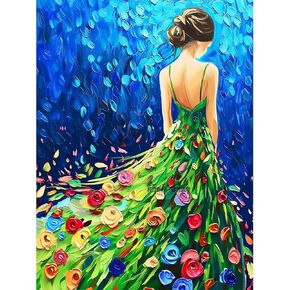 YOMEIA 5D Diamond Painting Kit for Adults - Full Drill Round Diamonds Art with Elegant Girl in Rain (16x12 inch) DIY Craft for Stress Relief, Home Wall Decor & Gift for Women Beginners