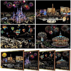 Scratch Paper Rainbow Painting Sketch Pads DIY Art Craft Night View Scratchboard for Adults and Kids - 4 Packs, 16 X 11.2 Inches